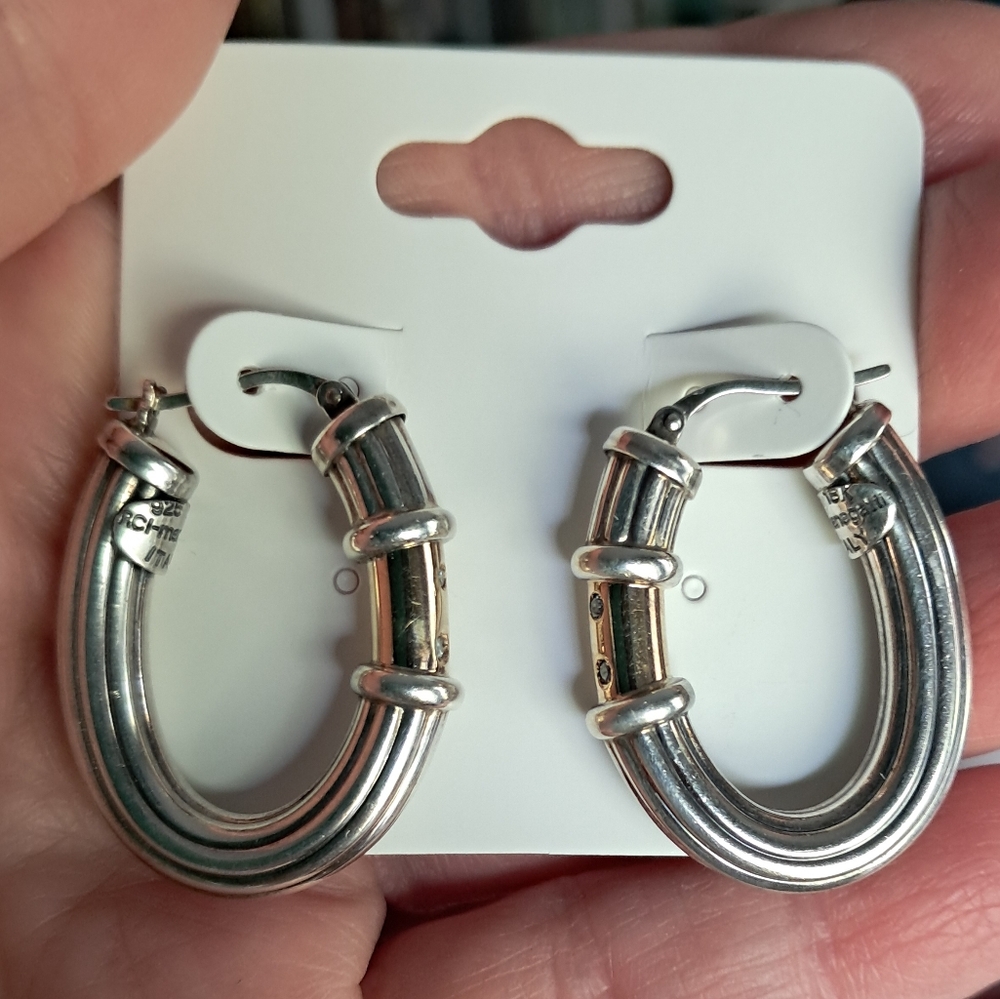 Vintage 18k Yellow Gold Sterling Silver Flli Menegatti White Stone Hoop Earrings